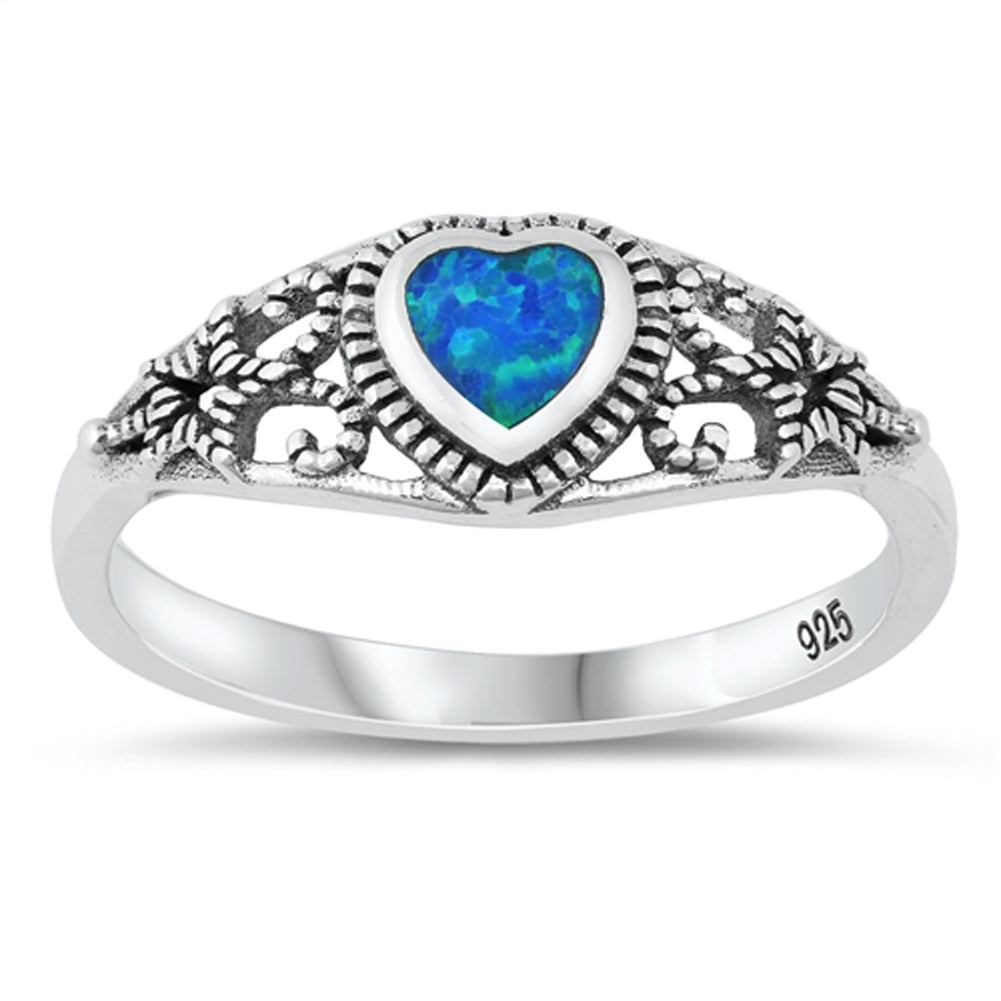 Blue Lab Opal Heart Filigree Oxidized Ring .925 Sterling Silver Band Sizes 4-10