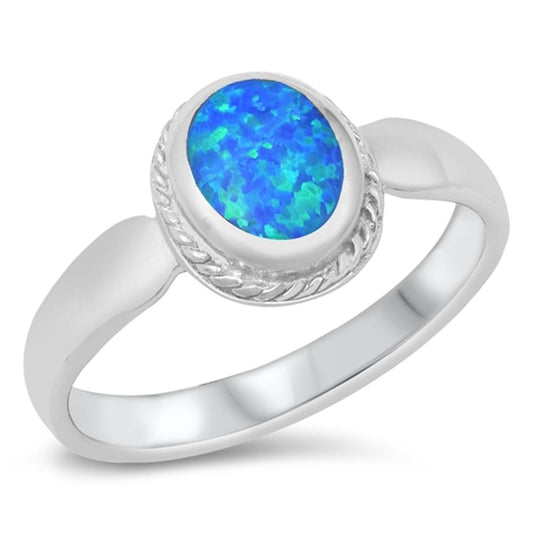 Elegant Oval Rope Halo Ring Blue Lab Opal .925 Sterling Silver Band Sizes 5-10