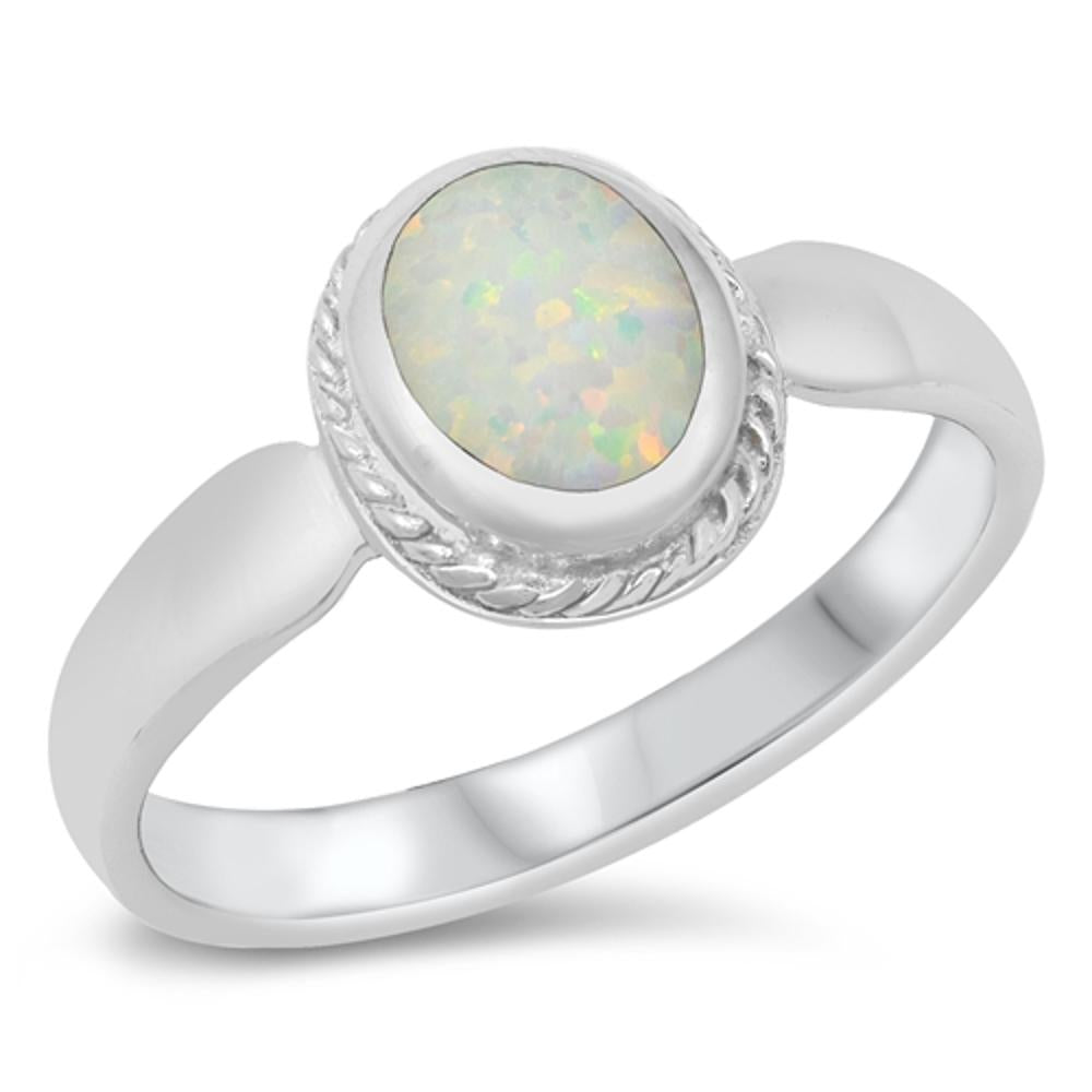 Rope Halo Oval Ring White Lab Opal New .925 Sterling Silver Band Sizes 5-10