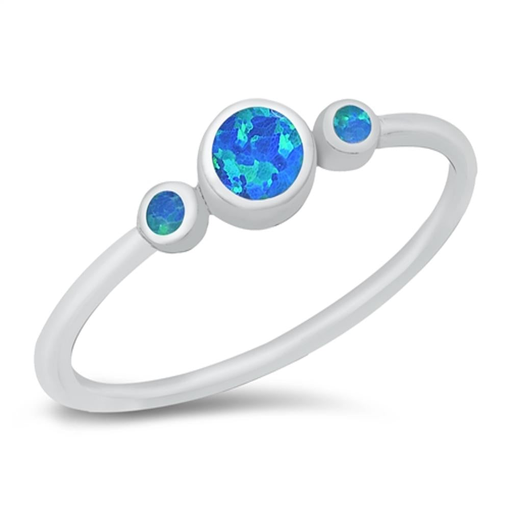 Elegant Round Modern Ring Blue Lab Opal .925 Sterling Silver Band Sizes 4-10