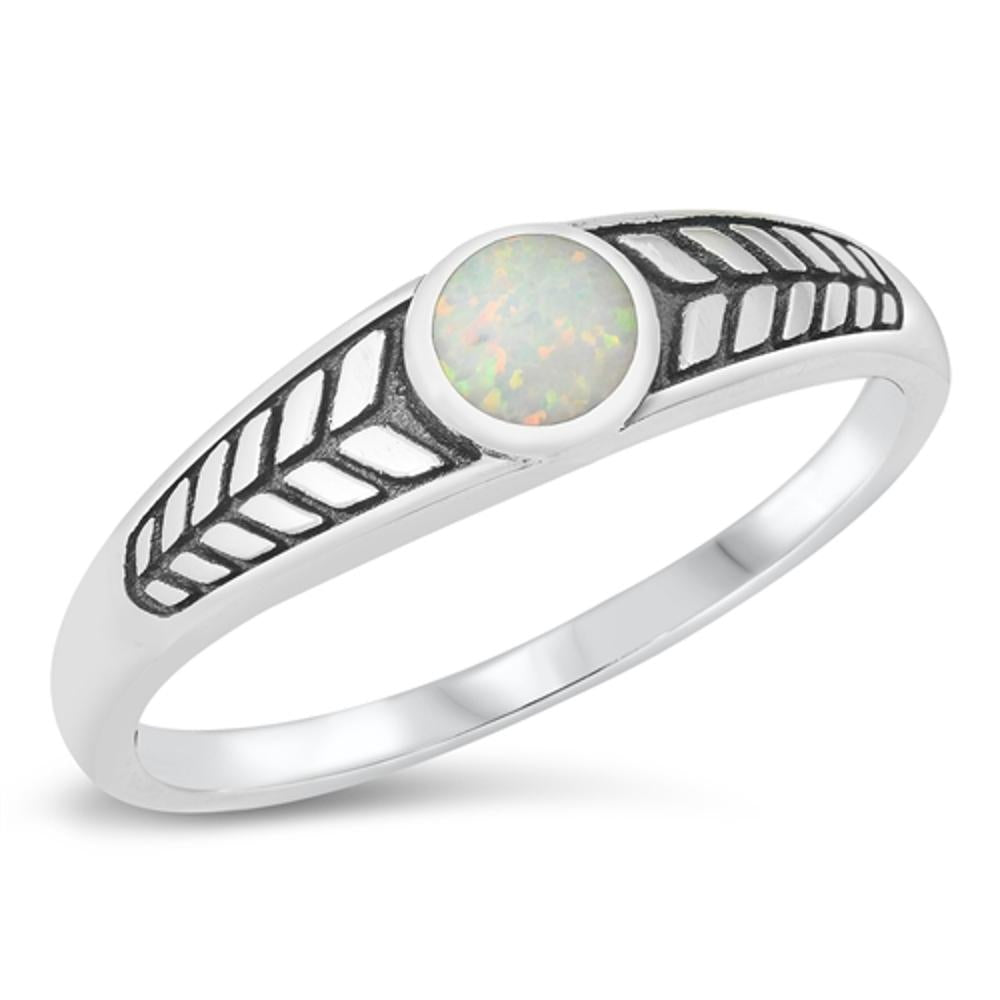 Round White Lab Opal Aztec Fashion Ring New .925 Sterling Silver Band Sizes 5-10