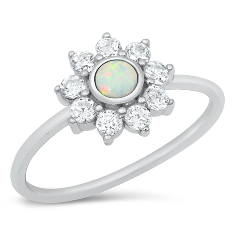 Clear CZ White Lab Opal Mandala Flower Ring .925 Sterling Silver Band Sizes 4-10