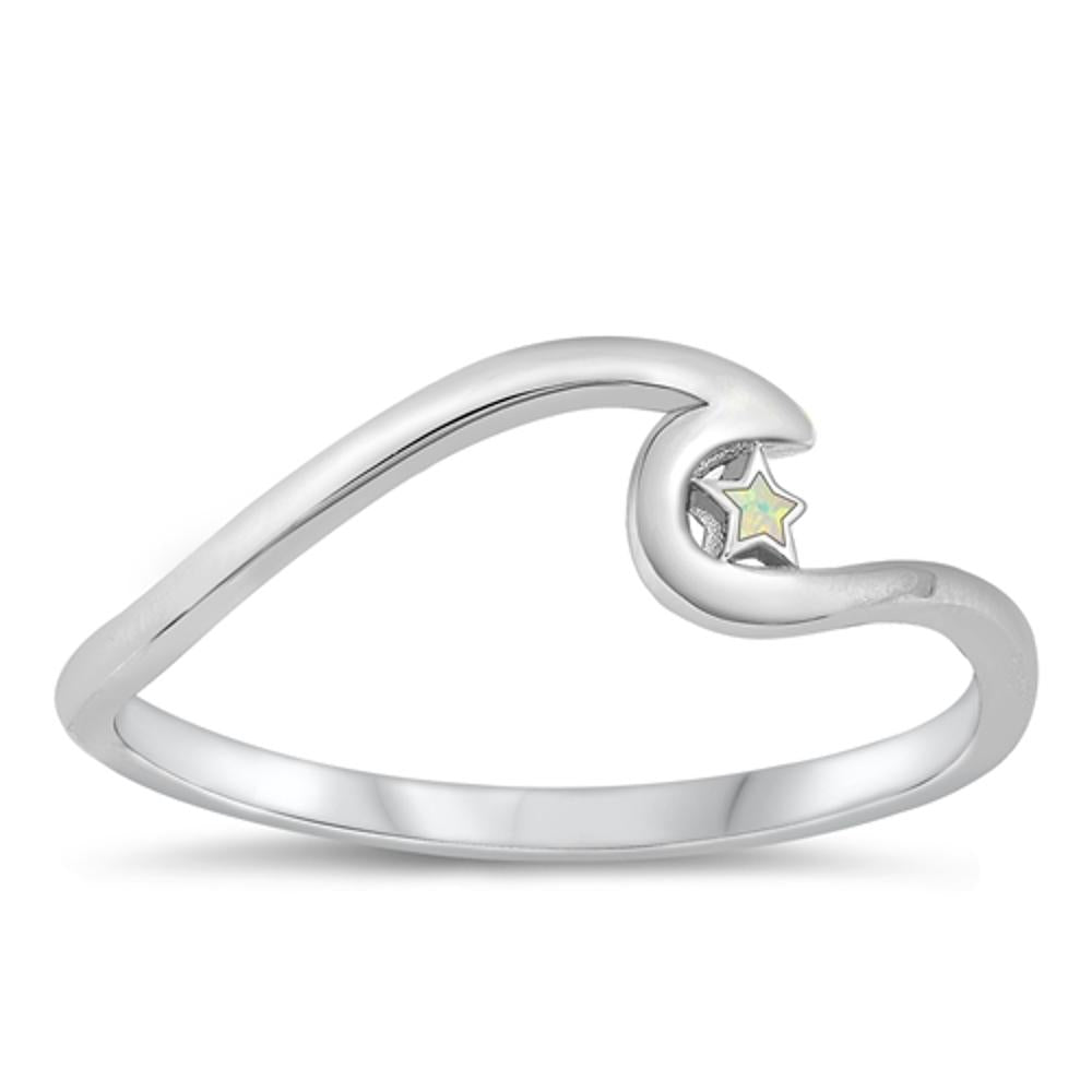 Sterling Silver White Lab Opal Wave & Star Ring