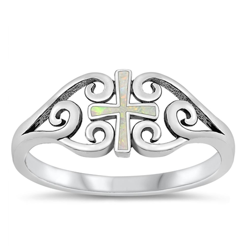 Sterling Silver White Lab Opal Cross Ring