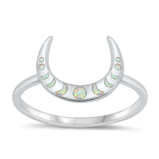 Sterling Silver White Lab Opal Crescent Moon Phase Ring