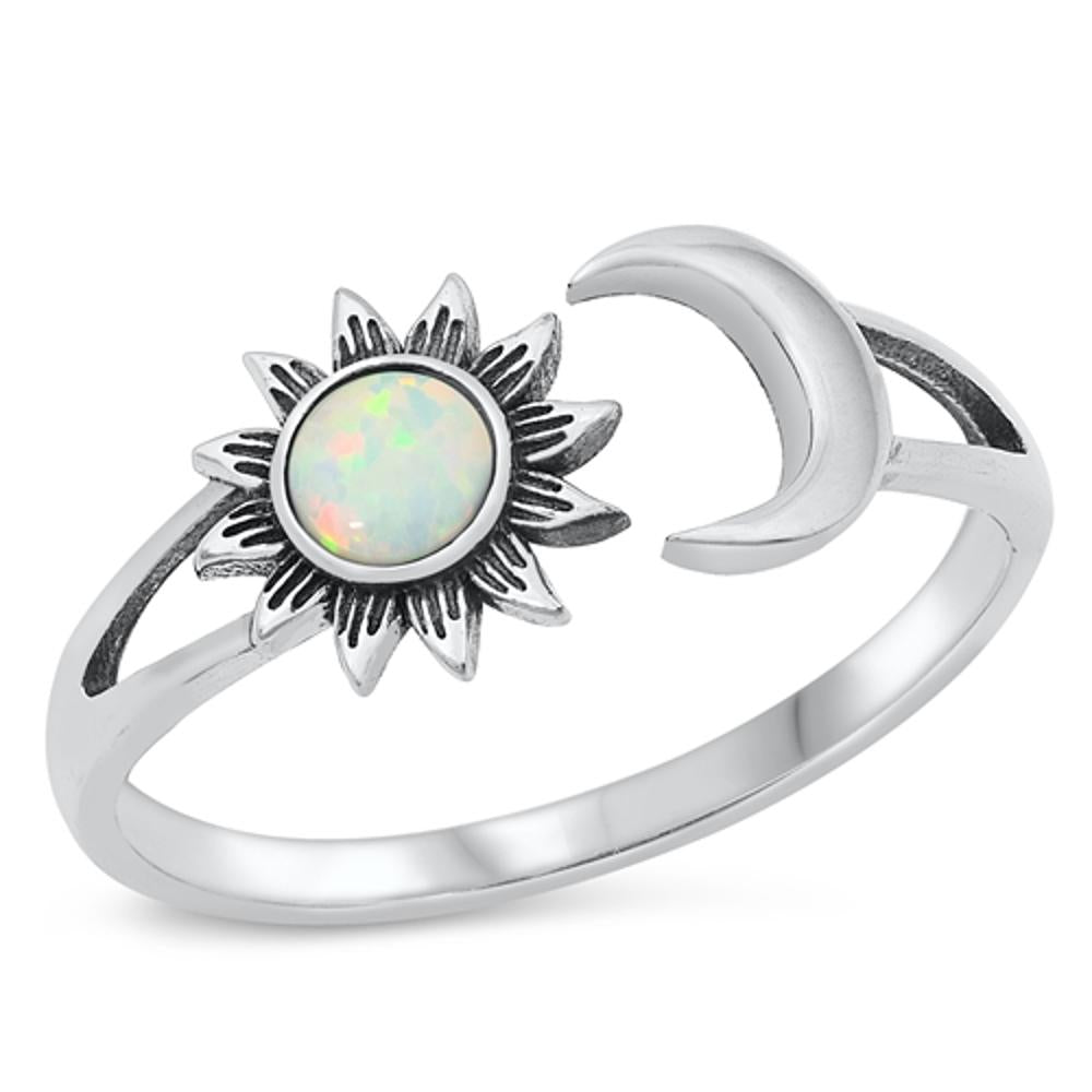 Sterling Silver White Lab Opal Sun & Moon Ring