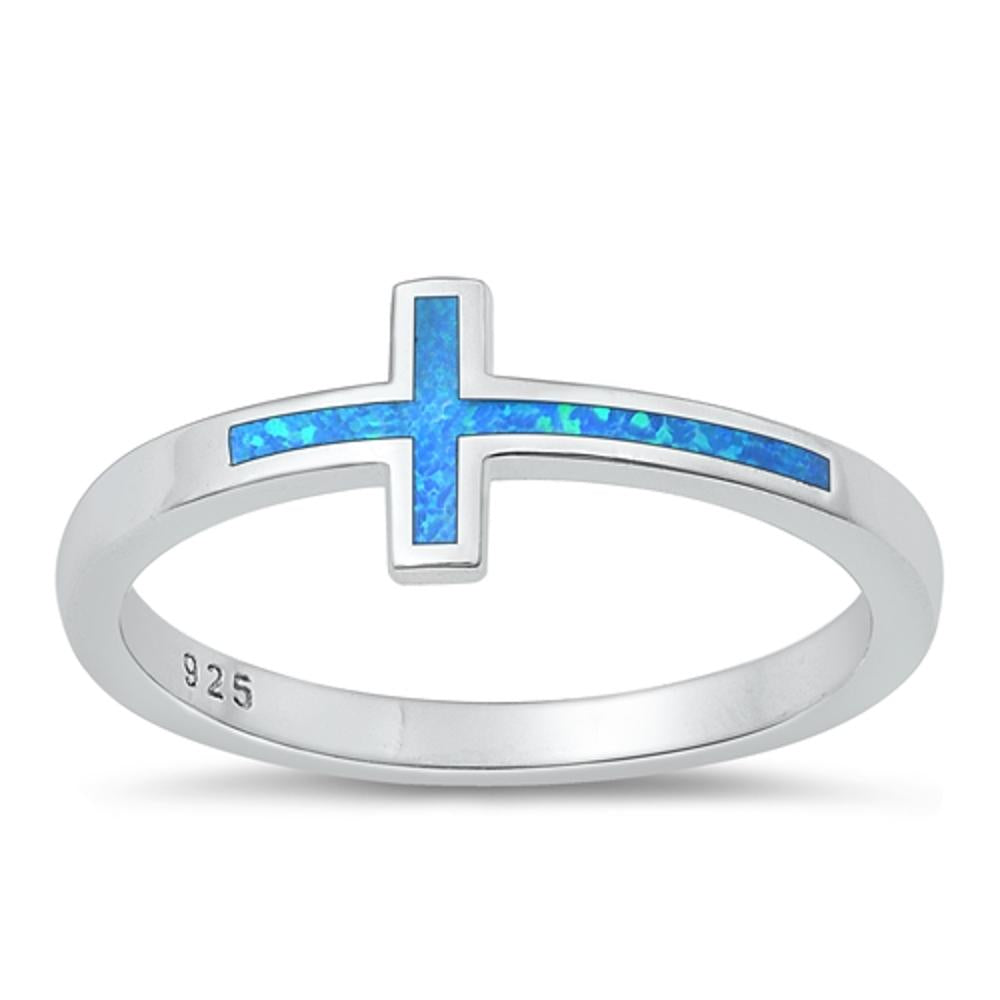 Sterling Silver Blue Lab Opal Cross Ring