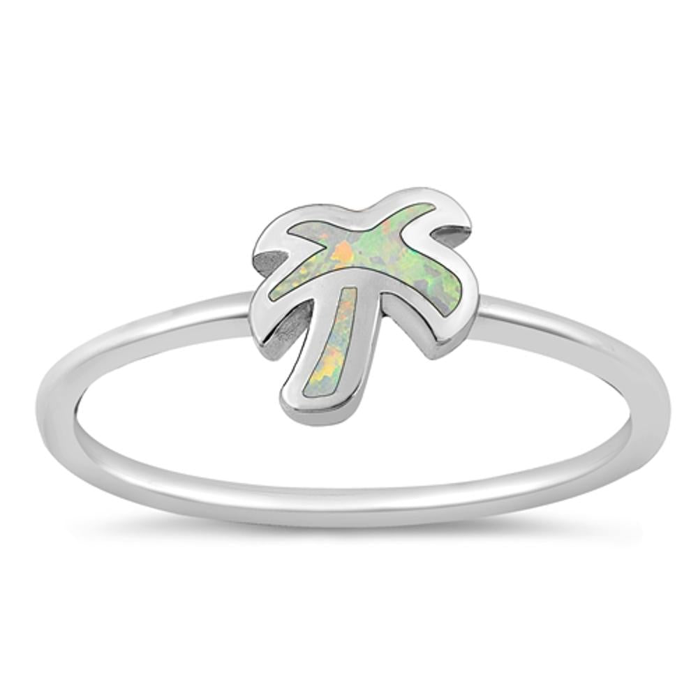 Sterling Silver White Lab Opal Palm Tree Ring