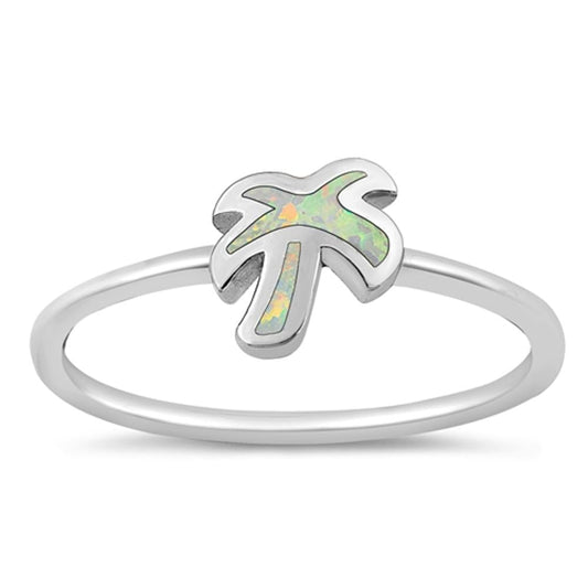 Sterling Silver White Lab Opal Palm Tree Ring