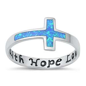 Sterling Silver Faith Hope Love Blue Lab Opal Cross Ring