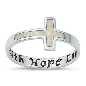 Sterling Silver White Lab Opal Cross Ring