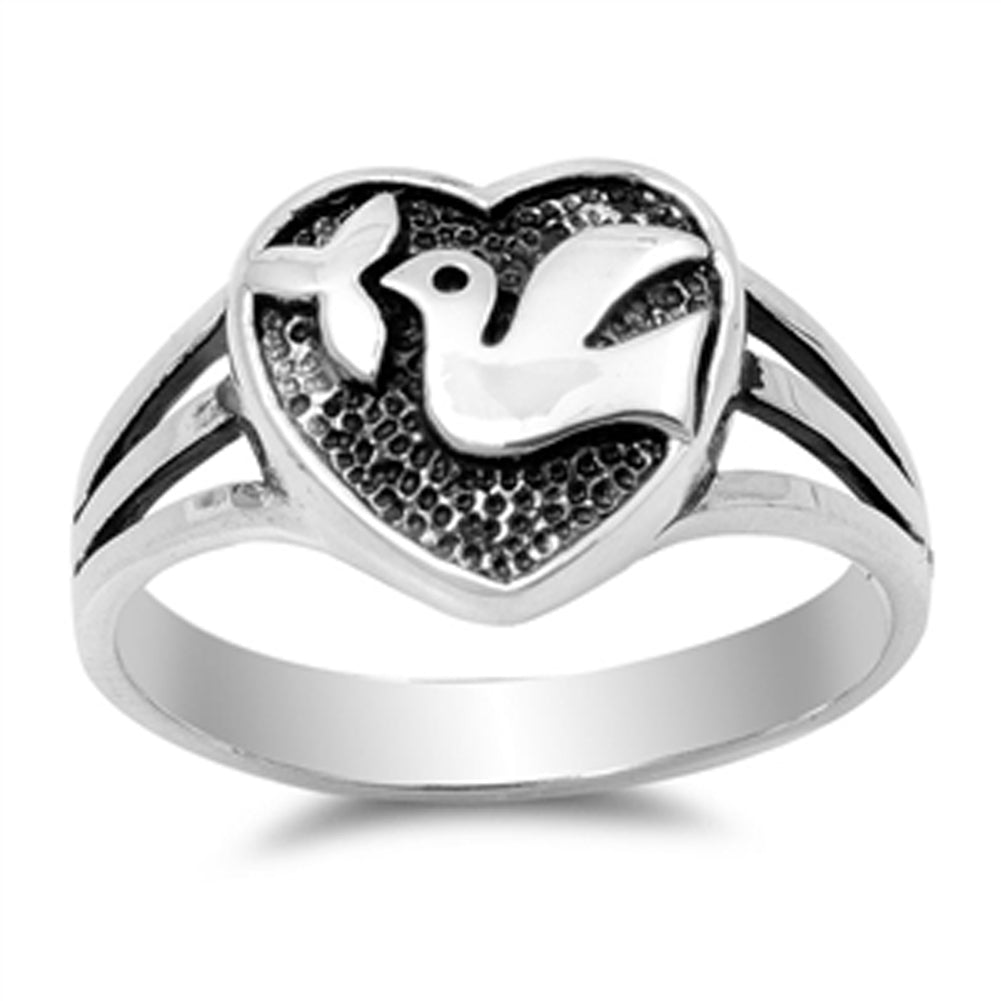 Oxidized Dove Leaf Peace Heart Purity Ring .925 Sterling Silver Band Sizes 4-10