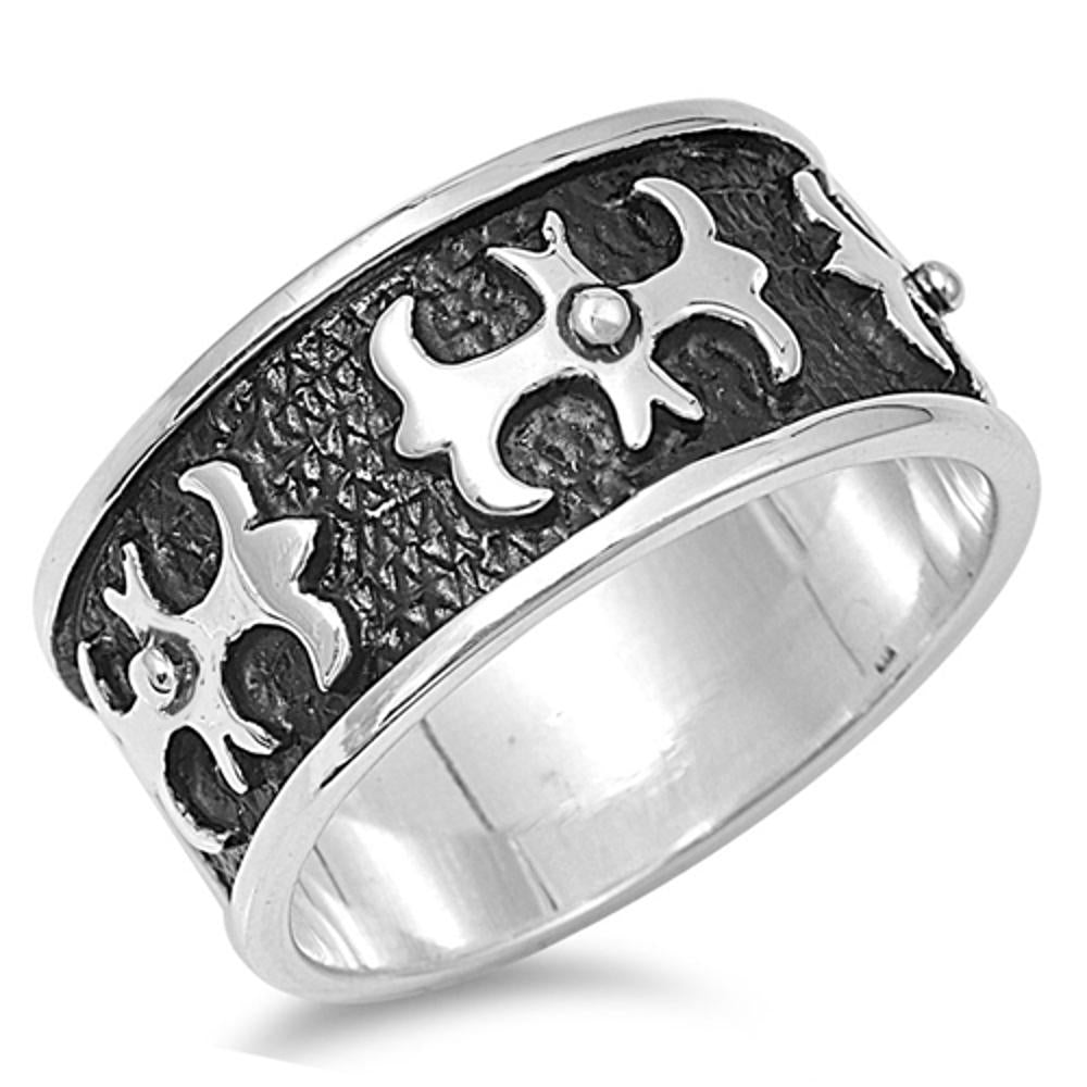 Sterling Silver Men's Fleur De Lis Cross Ring Polished 925 Band 12mm Sizes 8-14