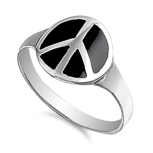 Black Peace Sign Hippie Love Joy Ring New .925 Sterling Silver Band Sizes 4-10