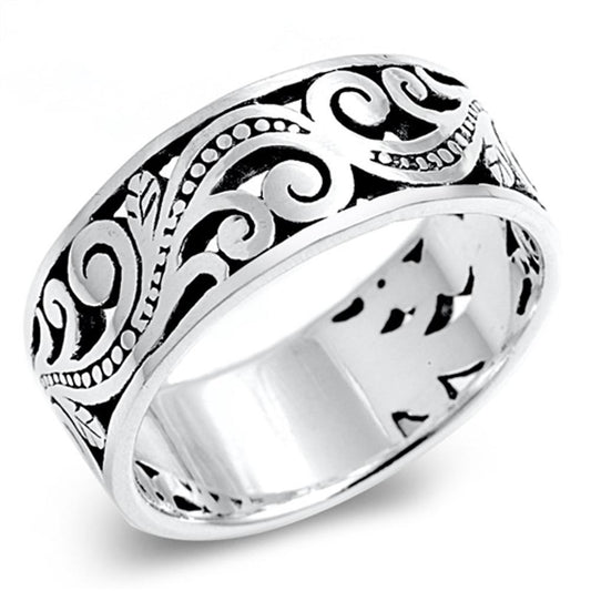 Oxidized Filigree Floral Bali Bead Wide Ring 925 Sterling Silver Band Sizes 8-15