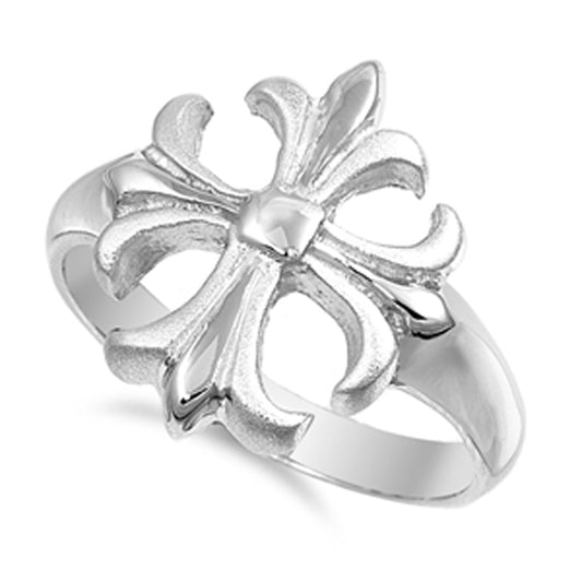 Fleur De Lis Cross Satin Finish Christian Ring Sterling Silver Band Sizes 5-12