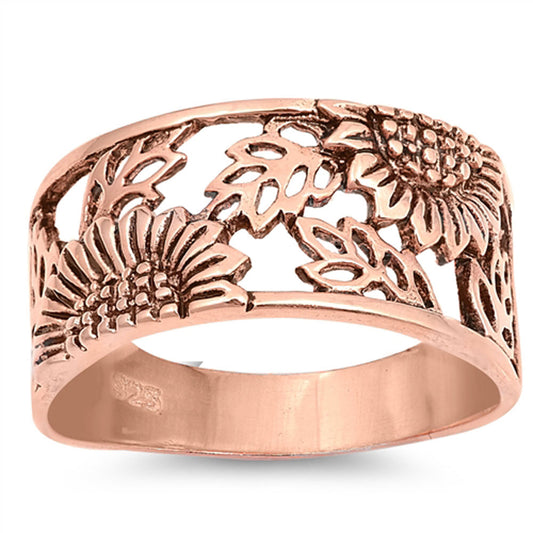 Sterling Silver Rose Gold-Tone Sunflower Ring Filigree Flower Band Sizes 5-10