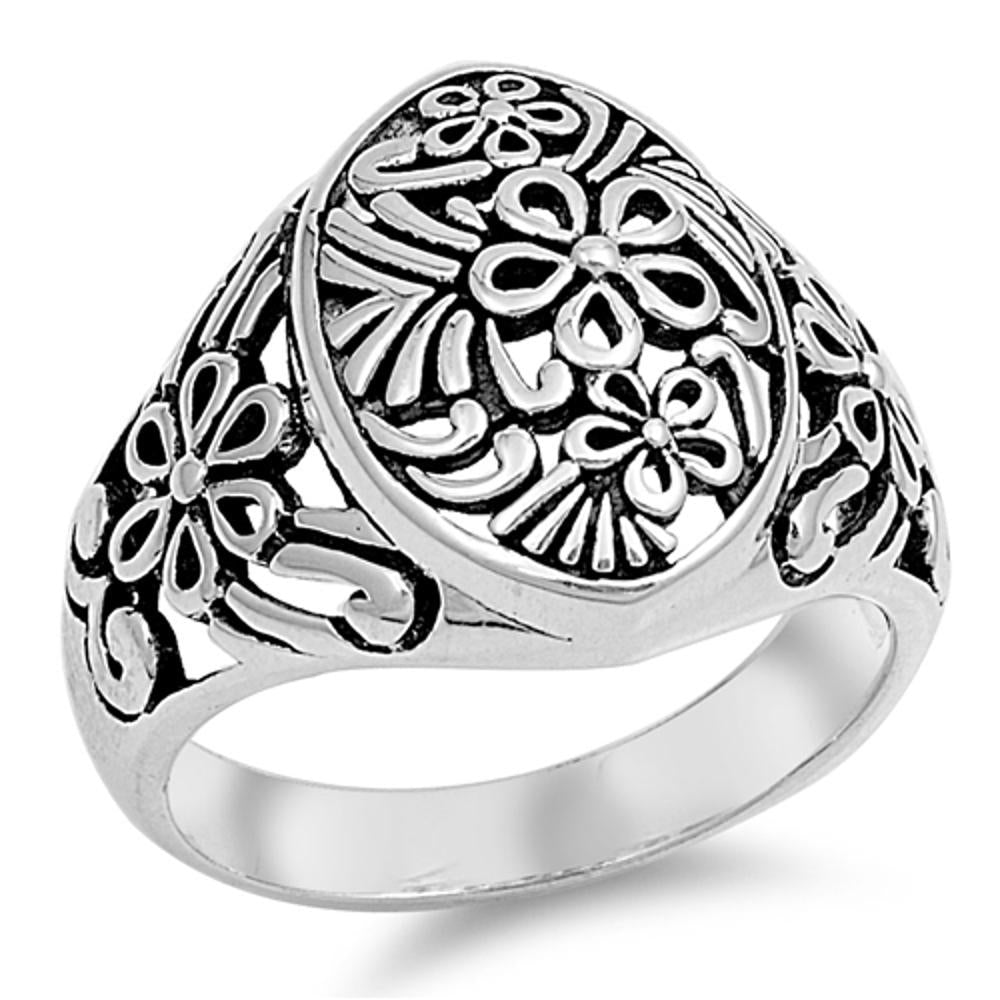 Sterling Silver Woman's Beautiful Flower Ring Fashion 925 Band 23mm Sizes 4-13