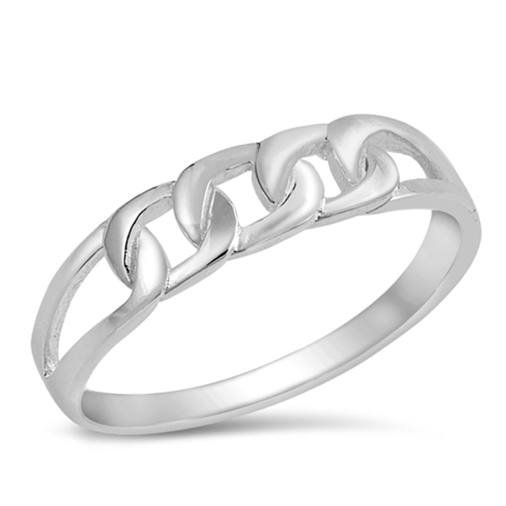 High Polish Cuban Chain Link Pattern Ring .925 Sterling Silver Band Sizes 4-10