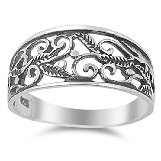 Oxidized Filigree Leaf Swirl Wide Ring New .925 Sterling Silver Band Sizes 5-10