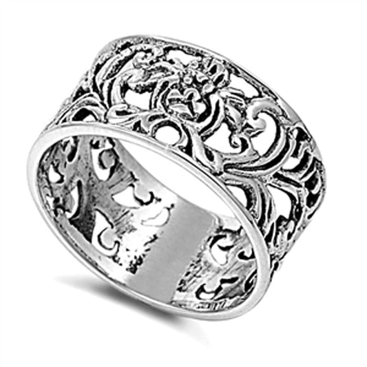 Oxidized Beautiful Wide Floral Ring New .925 Sterling Silver Band Sizes 5-10