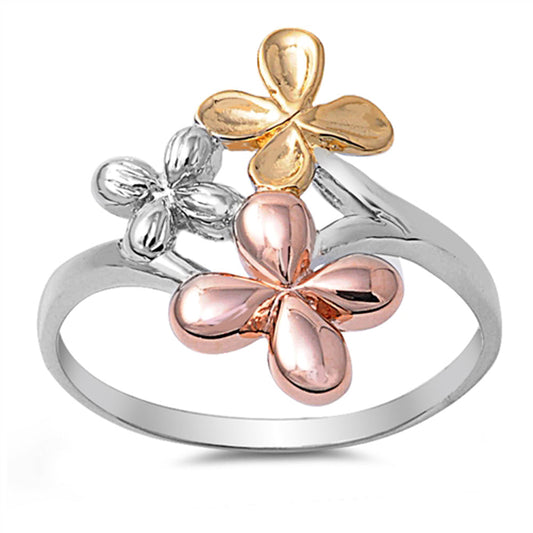 Rose Gold-Tone Hawaiian Plumeria Flower Ring 925 Sterling Silver Band Sizes 5-10