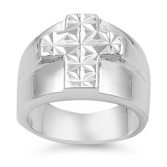 Diamond-Cut Shiny Cross Jesus Ring New 925 Sterling Silver Heavy Band Sizes 6-9