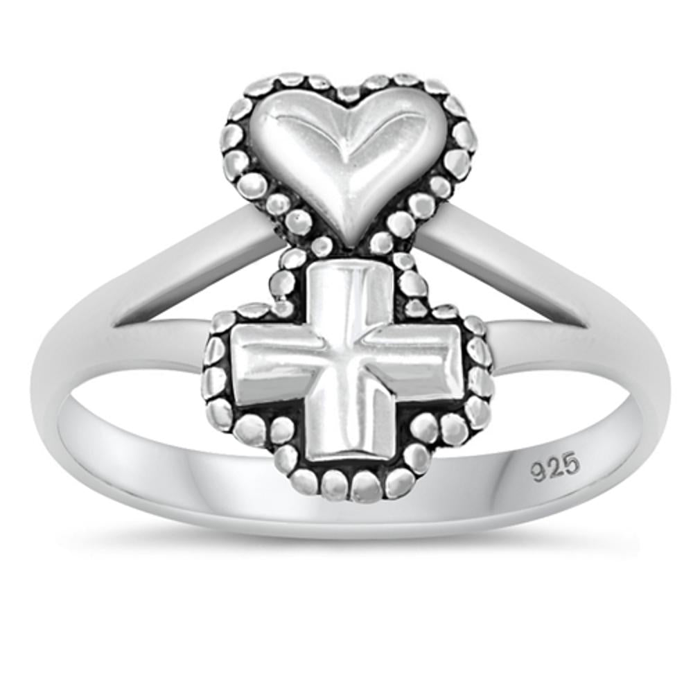 Antiqued Heart Cross Love Christ Ring New .925 Sterling Silver Band Sizes 4-11