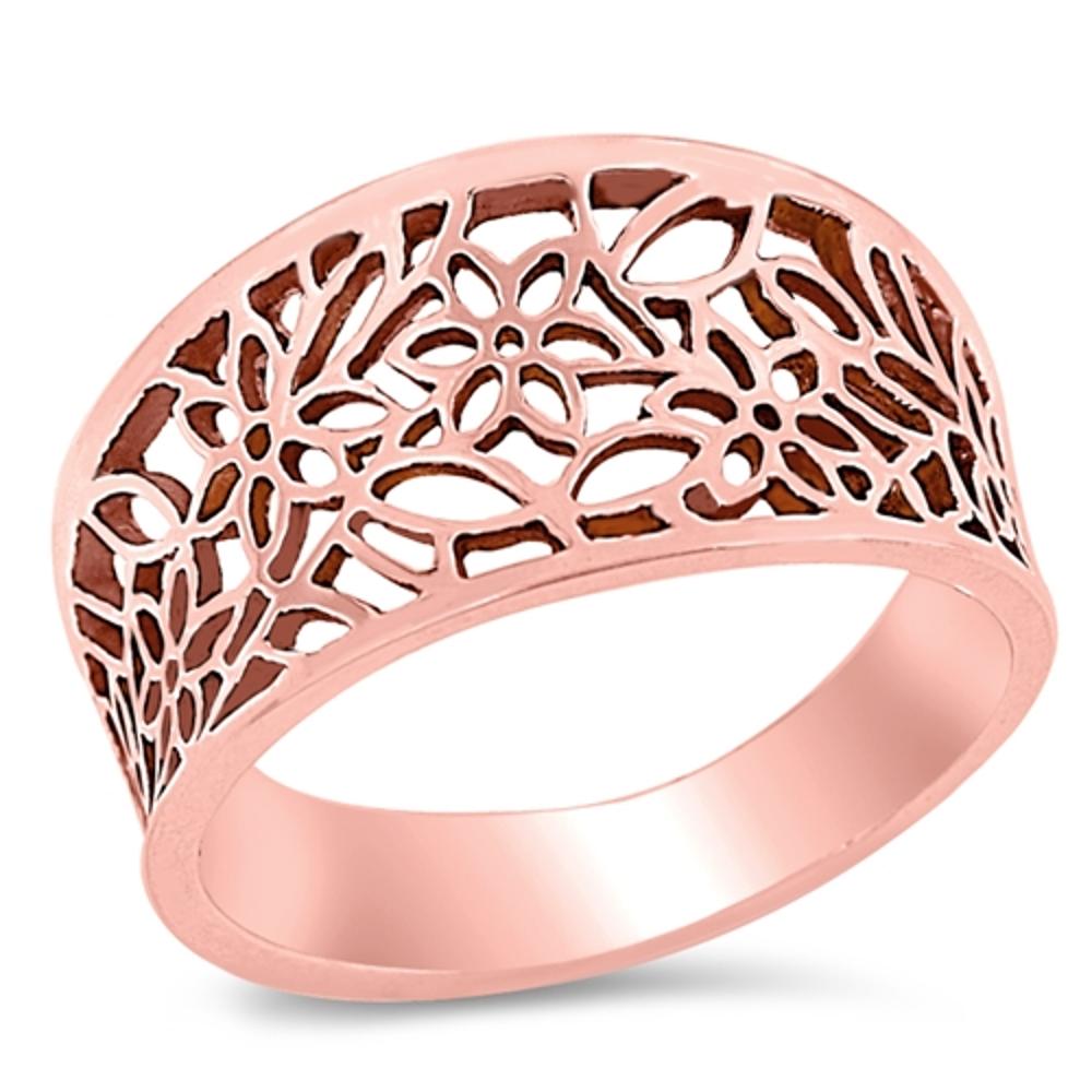 Rose Gold-Tone Filigree Flower Victorian Leaf Sterling Silver Ring Sizes 5-10