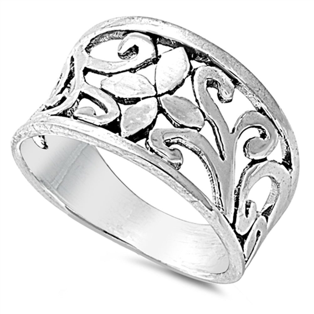 Filigree Cross Flower Leaf Vine Nature Ring .925 Sterling Silver Band Sizes 5-10