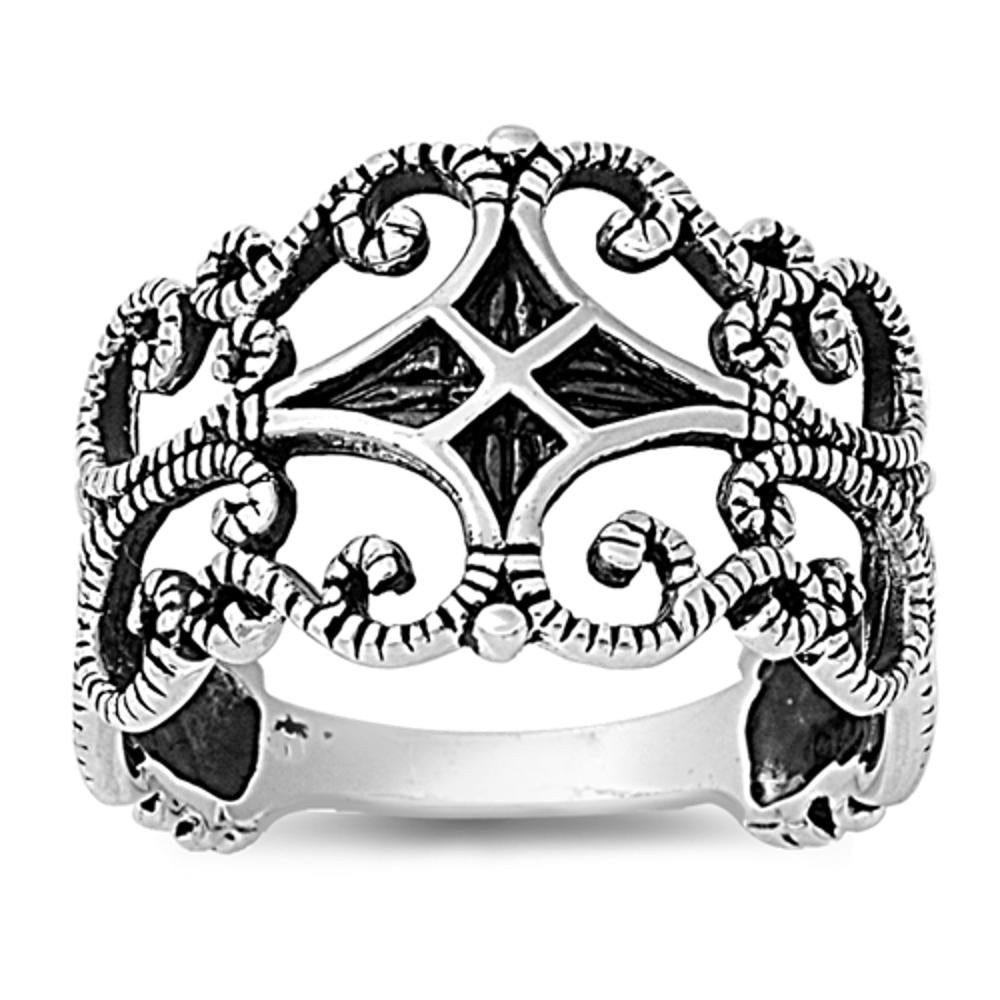 Oxidized Filigree Cross Fleur De Lis Ring .925 Sterling Silver Band Sizes 4-13