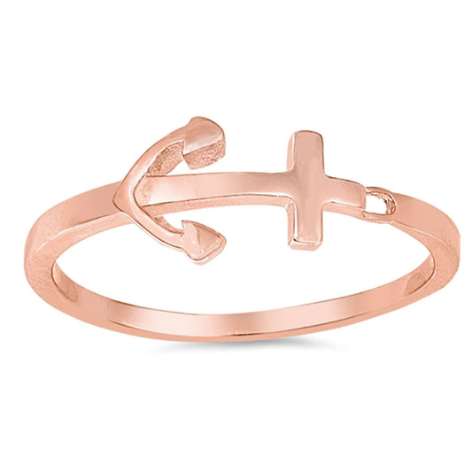 Small Sideways Rose Gold-Tone Anchor Ring .925 Sterling Silver Band Sizes 3-12