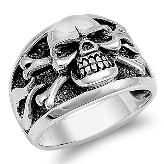 Men's Biker Skull Crossbones Polished Ring .925 Sterling Silver Band Sizes 7-14