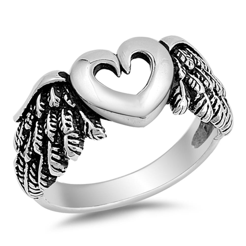 Cutout Heart Angel Wings Biker Ring New .925 Sterling Silver Band Sizes 5-12