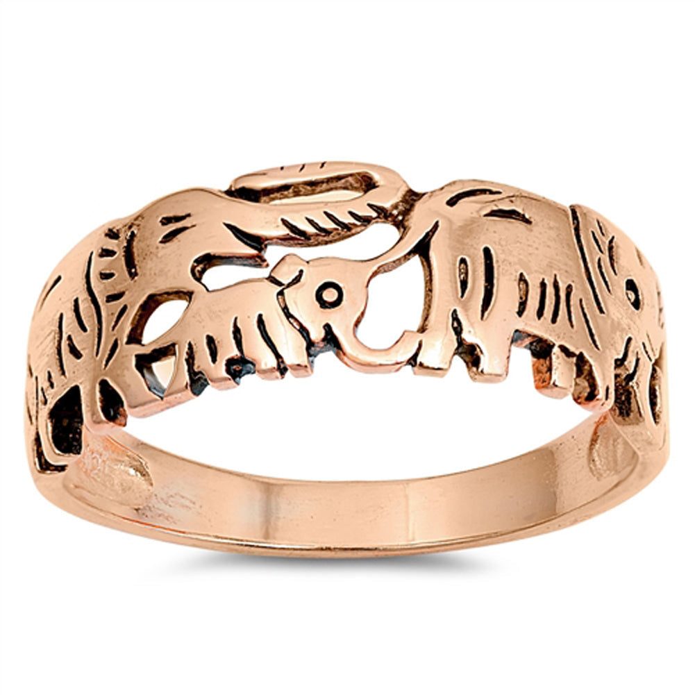 Rose Gold-Tone Elephant Family Filigree Ring 925 Sterling Silver Band Sizes 5-10