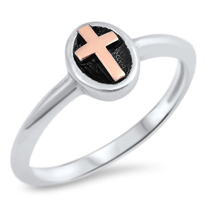 Rose Gold-Tone Cross Christian Oval Ring New 925 Sterling Silver Band Sizes 4-10