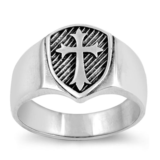 Oxidized Etched Cross Medieval Shield Ring .925 Sterling Silver Band Sizes 6-13