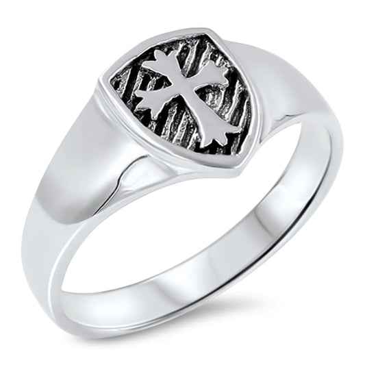 Oxidized Cross Shield Medieval Knight Ring .925 Sterling Silver Band Sizes 5-10