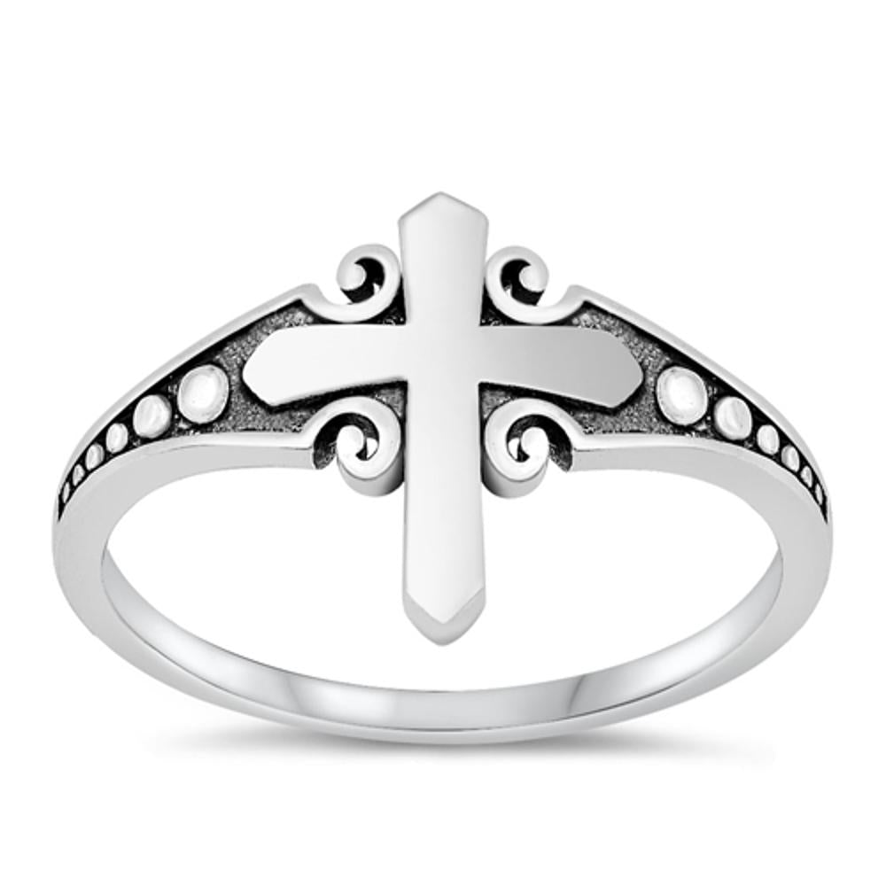 Oxidized Long Cross Beaded Christian Ring .925 Sterling Silver Band Sizes 4-10