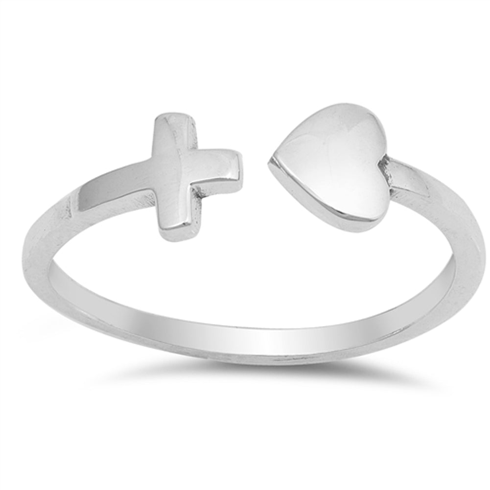 Open Cross Heart Adjustable Christian Ring .925 Sterling Silver Band Sizes 4-10