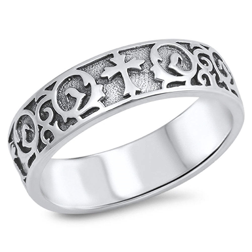 Filigree Cross Oxidized Wedding Ring New .925 Sterling Silver Band Sizes 6-11