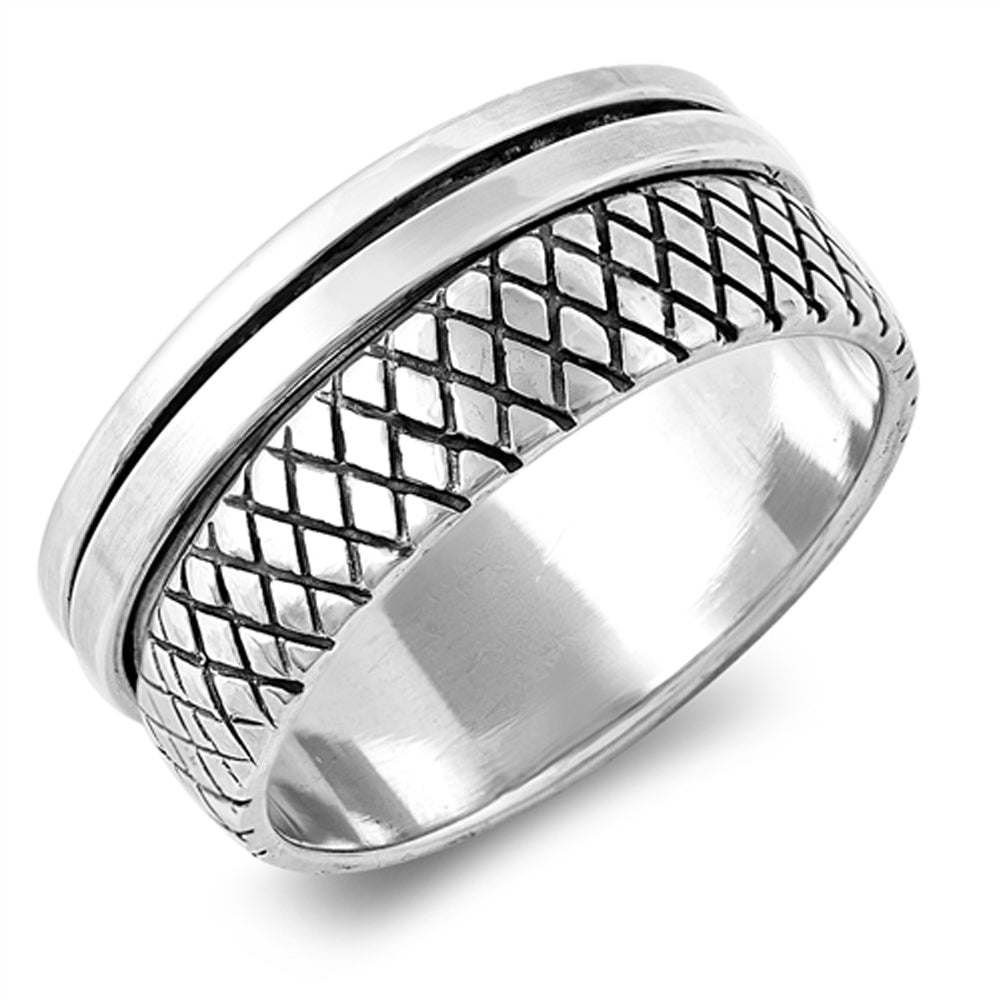 Criss Cross Etch Spinner Carved Meditation Ring Sterling Silver Band Sizes 7-13