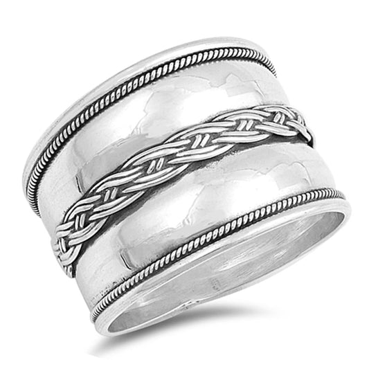 Boho Weave Criss Cross Knot Bali Wide Ring .925 Sterling Silver Band Sizes 6-10