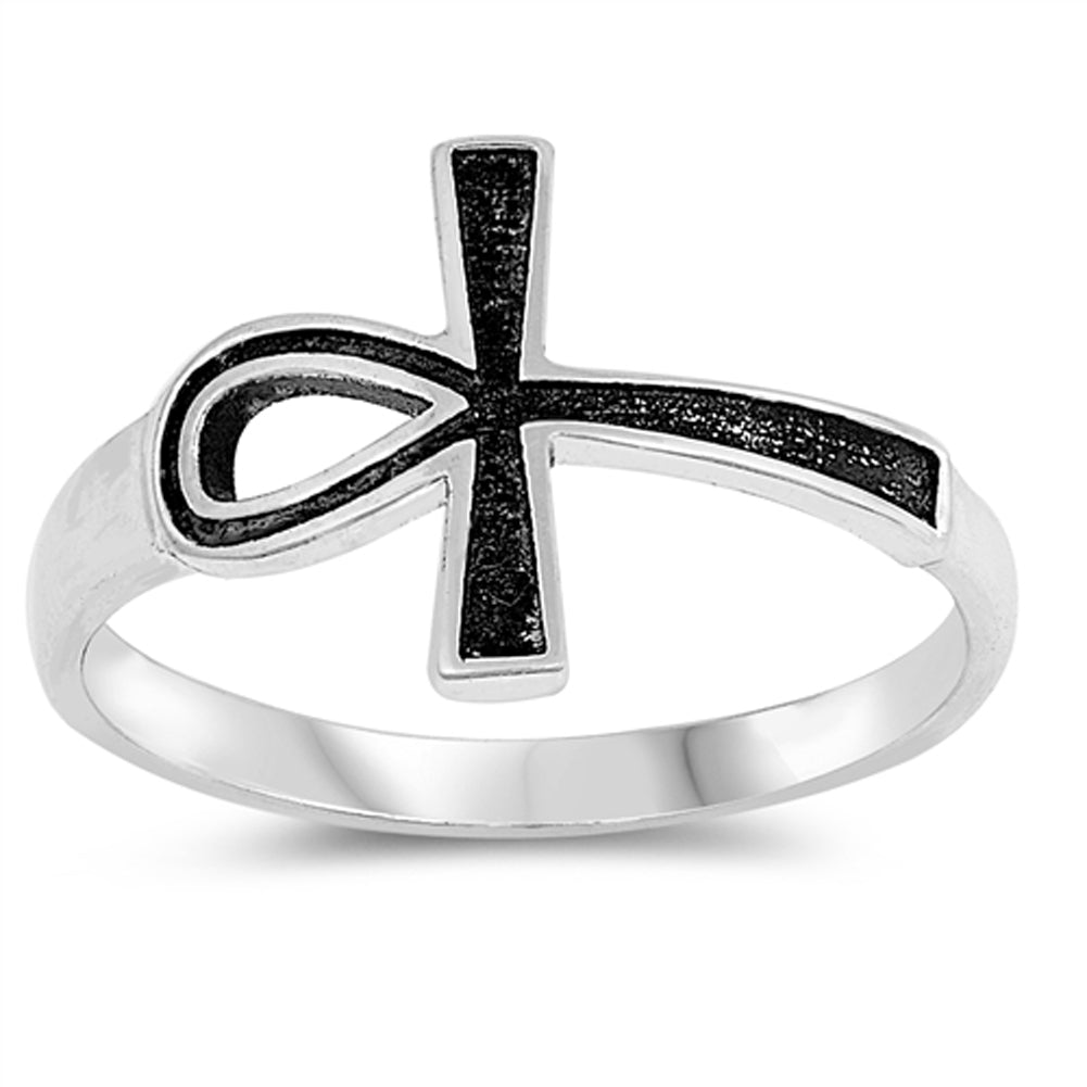 Oxidized Ankh Egyptian Life Symbol Ring Sterling Silver Cross Band Sizes 5-10