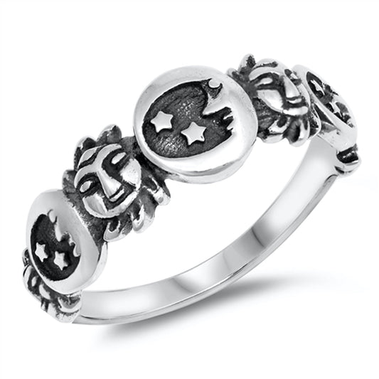 Oxidized Moon Star Sun Mythological Ring .925 Sterling Silver Band Sizes 5-10