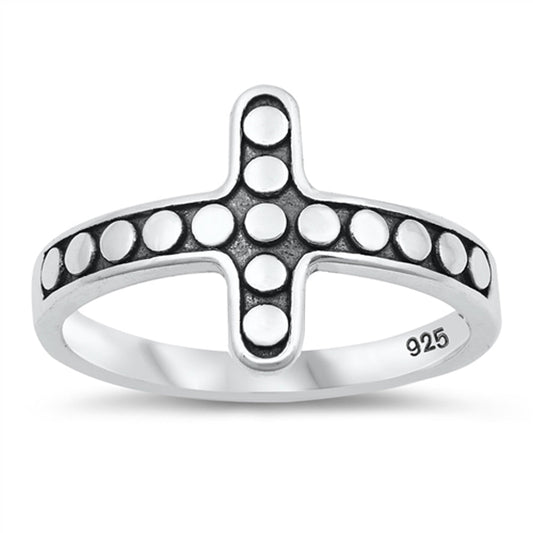 Sideways Oxidized Bead Cross Christian Ring .925 Sterling Silver Band Sizes 5-10