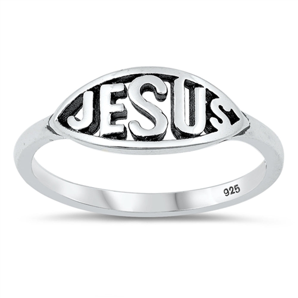 Jesus Script Filigree Oval Cutout Ring New .925 Sterling Silver Band Sizes 4-10