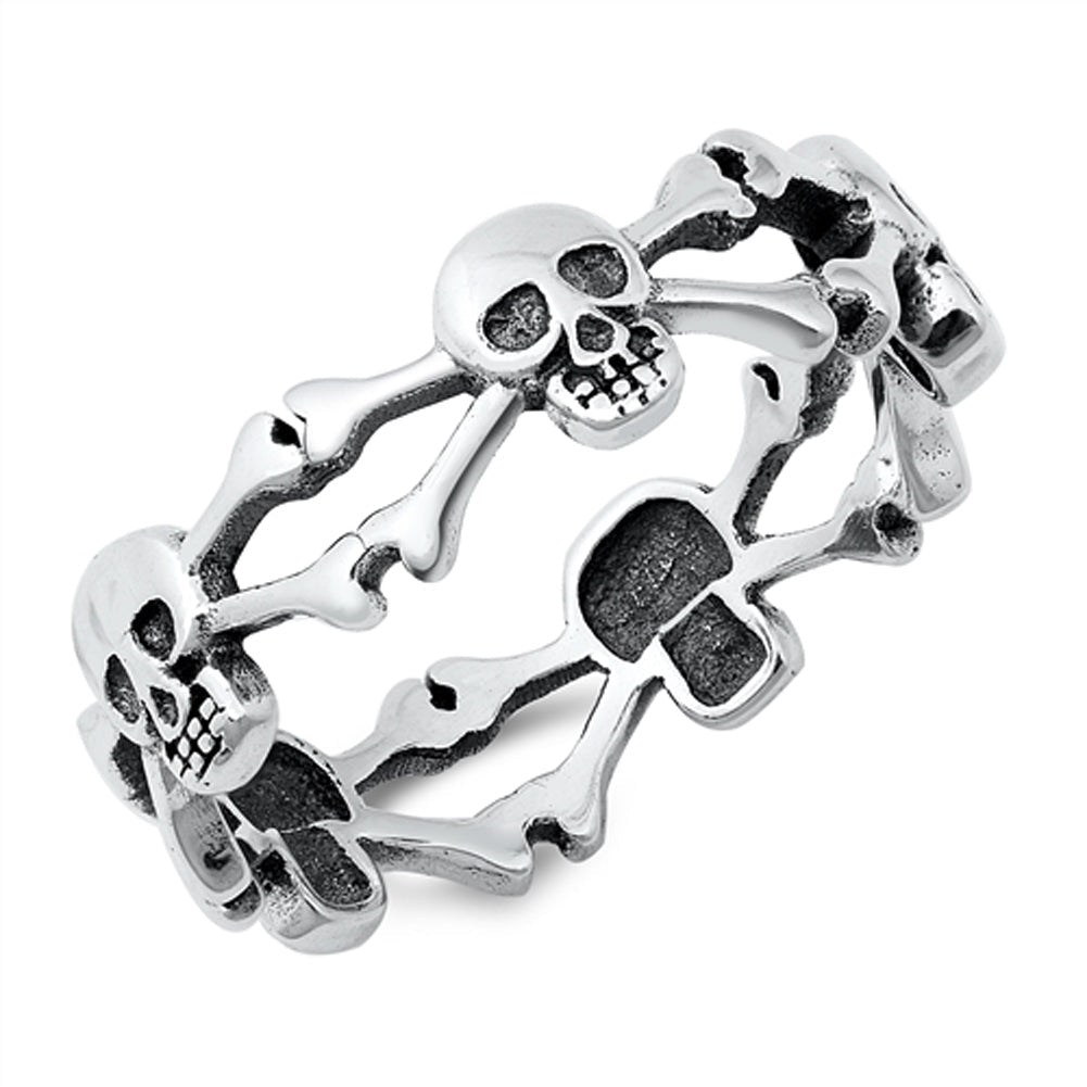 Biker Skull and Cross Bones Pirate Band Sterling Silver Ring Sizes 4-10