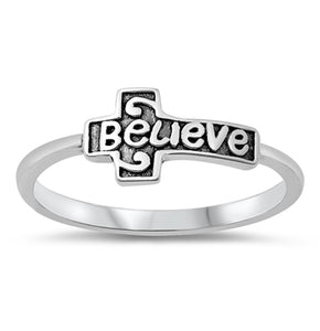 Sideways Believe Script Cross Cute Ring New .925 Sterling Silver Band Sizes 4-10