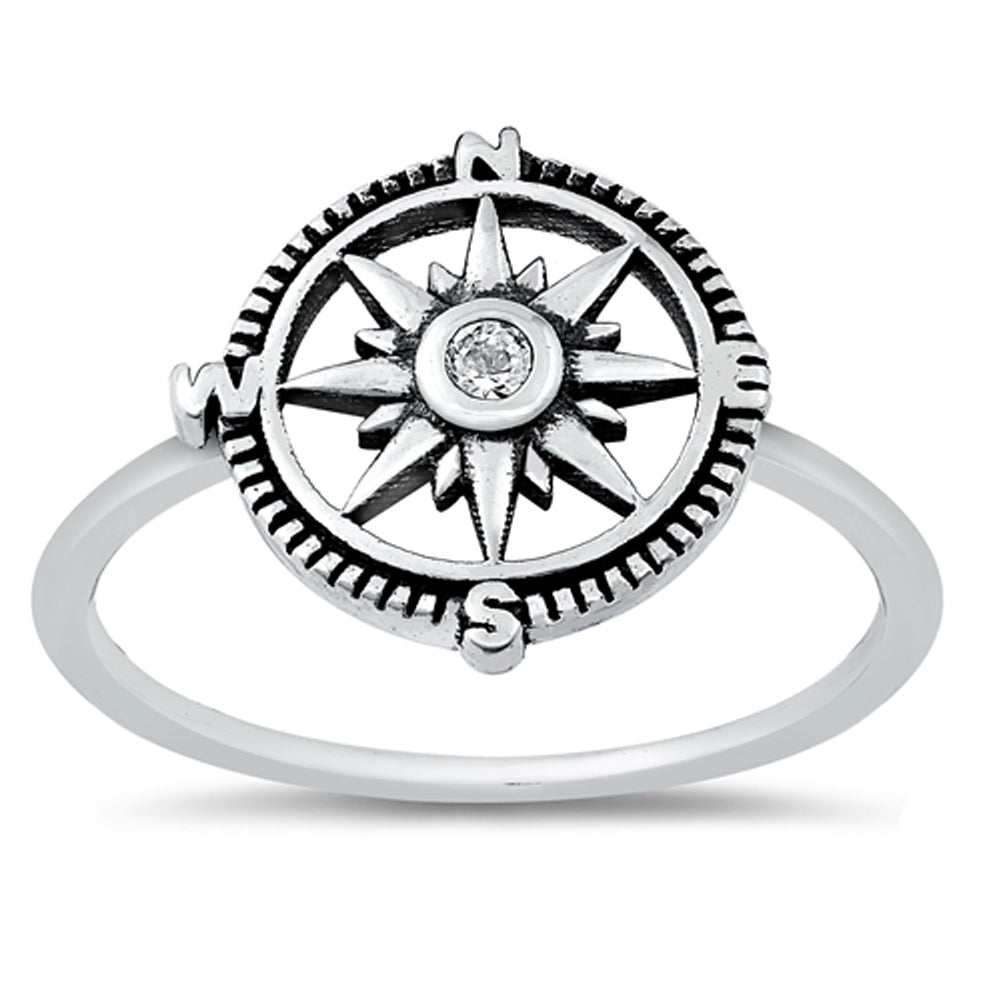 White CZ Nautical Star Compass Ring New .925 Sterling Silver Band Sizes 4-10